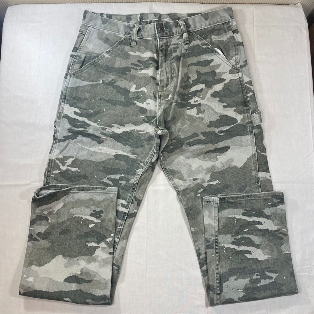 Old Navy Mens 32x30 Camo Carpenter Pants Straight Built-In Flex Gray Green
